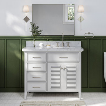 Kensington 43" Bath Vanity, White With Marble Top, Carrara White/White Basin