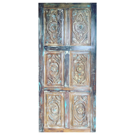 Consigned Vintage Floral Carved Solid Wood Door Single Barn Doors 84