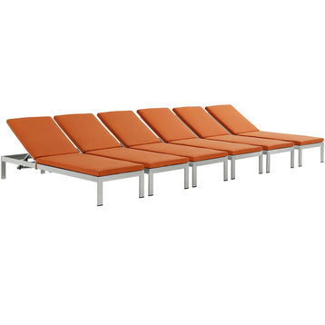 Shore Chaise With Cushions Outdoor Patio Aluminum 6-Piece Set, Silver Orange