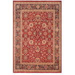 Bareens Designer Rugs - Antique Vegetable Dyed Mahal Jeanne Red/Blue Wool Rug - 8'5'' x 9'11'' - Designed with mesmerizing intricacy and gorgeous color palette, this hand-knotted masterpiece demonstrates the beauty and electrifying thrill of Pak Persian art. These meticulously hand-knotted Pak-Persian rug is made with pure wool and features breathtaking traditional, transitional, and tribal designs in bold luxurious color pallets. Known for their intricate designs these rugs are a reproduction of Persian rugs, made in Pakistan with unique Mughal designs. Made by master weavers using the same Persian texture, design and dying technique, we wanted to produce the most significant manifestation of Persian art, life, and culture. This rug is most famous for its exceptional quality, incredible designs, patterns, and vibrant rich color. Pak-Persian rugs made with Persian weave with high knot counts, which enables the high intricacy and detail found in the patterns are also referred to as "State of art", each color adds a rich beautiful detail in the artwork of this rug. The design, color, and beautiful chromatic composition with a vibrant sheen with intricate designs, exude beauty, elegance, and quality make this rug a masterpiece of its own.