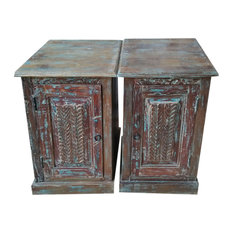 Consigned 2 Antique Nightstand Side Tables Hand Carved Cabinet Reclaimed Wood