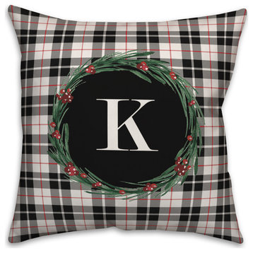 Black Plaid Monogram Wreath K 18x18 Spun Poly Pillow