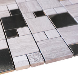 Beige Marble and Grey Stainless Steel Metallic Square Glass Mosaic Tiles - Home Accessories & Decor