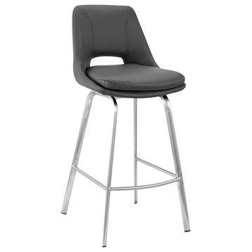 Carise Faux Leather and Metal Swivel Bar Stool, Stainless Steel/Gray, Bar Height, 29-32"