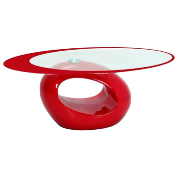 Modern Coffee Table, Unique Geometric Base With Oval Tempered Glass Top, Red