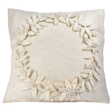 Hand Felted Wool Christmas Pillow Cream Wreath  20"