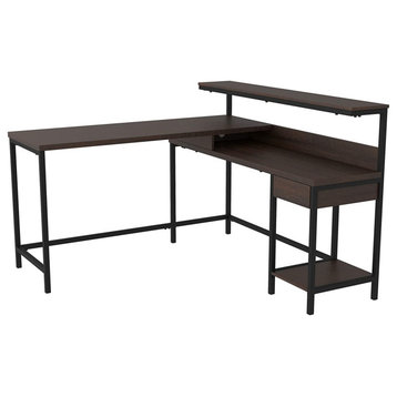 L-Shaped Desk, Drawer and Raised Shelf for Extra Storage Space, Warm Brown