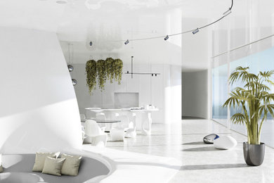 Стильный дизайн: большая открытая гостиная комната в стиле модернизм - последний тренд