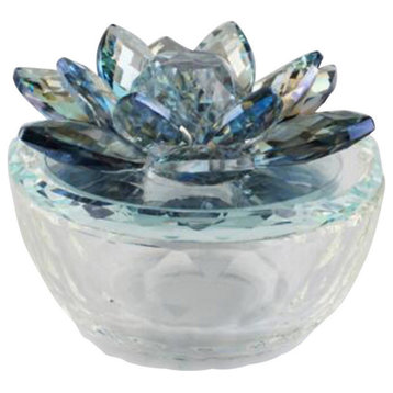 Glass Trinket Box Clear With Light Blue Lotus Top