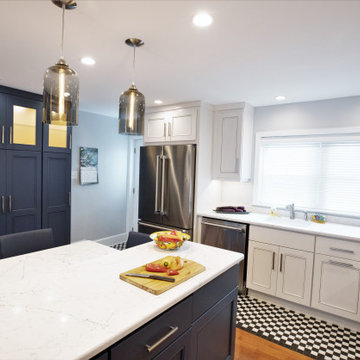 Modern Two-Tone Kitchen Remodel | Crisp White Quartz & Modern Geometric Tilework