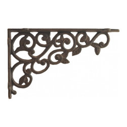 Import Wholesales - Cast Iron Wall Shelf Bracket, Ornate Leaf Pattern, Rust Brown, 12" Deep - Brackets