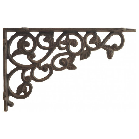 Cast Iron Wall Shelf Bracket, Ornate Leaf Pattern, Rust Brown, 12" Deep
