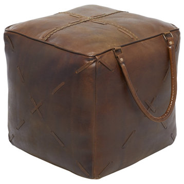 Rustic Pouf, Leather Upholstery With X-Shaped Accents With Arched Handles, Brown