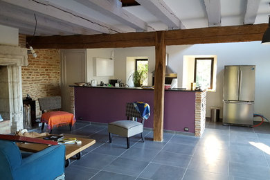 Cette image montre une grande salle de séjour bohème ouverte avec un mur violet, une cheminée standard et un manteau de cheminée en pierre.
