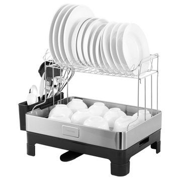 Palazzo 20.75" Stainless 2-Tier Dish Rack With Swivel Spout Tray, Steel/Black