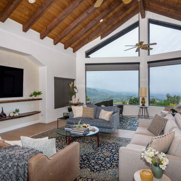 San Diego Mid-Century Modern Living Room with Vaulted Wood Ceiling and Scenic Vi