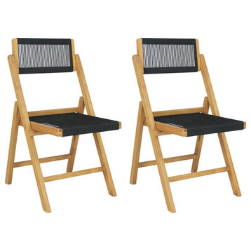 Coastal Modern Wood Roped Folding Chair, Adjustable Back, Black/Natural, Set2