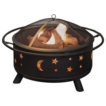 Pure Garden 30 inch Round Star and Moon Fire Pit with Cover, Black