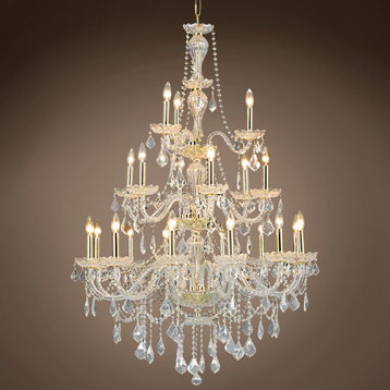 Victorian 21 Light 38" Gold Chandelier With Clear European Crystals & Led Bulbs