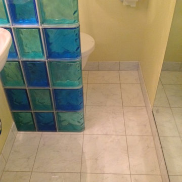 Color glass block half wall in half bathroom Cleveland Heights Ohio