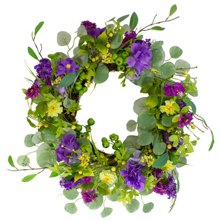 Eucalyptus and Hydrangea Floral Berry Spring Wreath, Purple and Yellow 23"