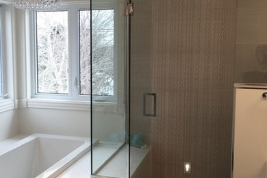 Bathroom - small transitional master porcelain tile porcelain tile bathroom idea in Other with flat-panel cabinets, light wood cabinets, a two-piece toilet, white walls, a trough sink and solid surface countertops