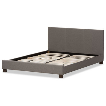 Modern Platform Bed, Low Profile With Gray Upholstered Panel Headboard, Queen