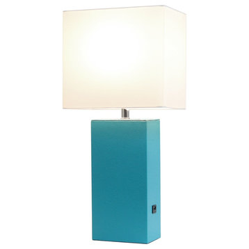 Elegant Designs Modern Leather Table Lamp With Usb and White Shade, Teal