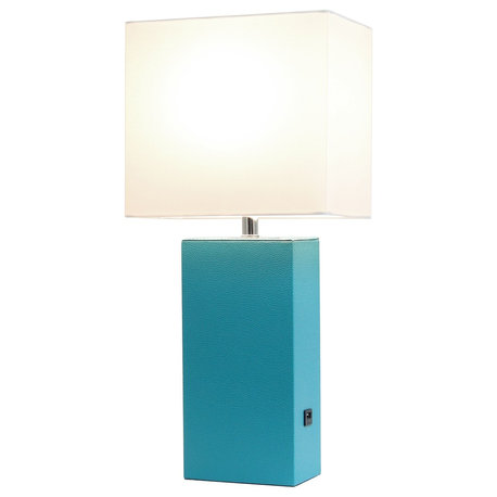 Elegant Designs Modern Leather Table Lamp With Usb and White Shade, Teal