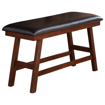 Black Faux Leather Solid Wood Dining High Bench, Dark Walnut and Brown