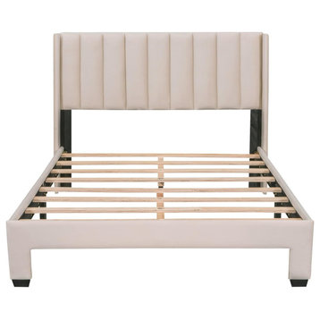 Contemporary Platform Bed, Channel Velvet Headboard & Large Drawer, Beige/Full