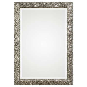 Luxe Silver Leaves Vanity Wall Mirror, 35" Organic Textured Layered Classic