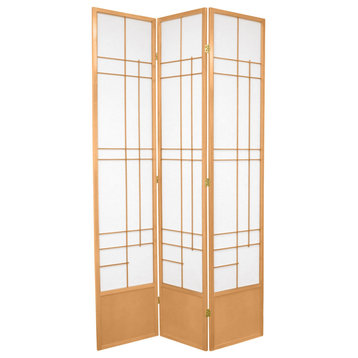 Modern Room Divider, Wooden Frame With 3 Panels and Geometric Lattice, Beige
