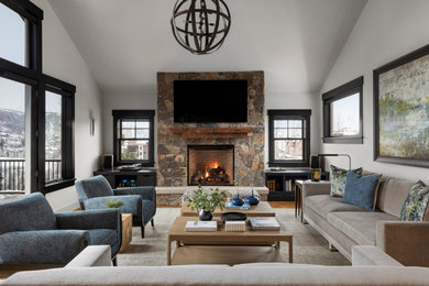 Mid-sized trendy enclosed carpeted, gray floor and vaulted ceiling living room photo in New York with beige walls, a standard fireplace, a stone fireplace and a wall-mounted tv