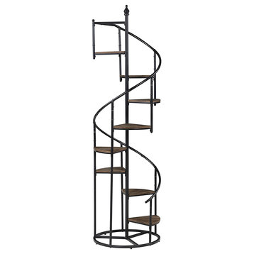 Unique Bookcase, Spiral Stair Design With Metal Frame & Rustic Brown Shelves