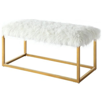 Elegant Accent Bench, Gold Finished Metal Frame With Soft Faux Fur Seat, Beige