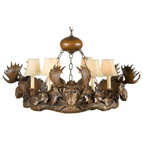 3 Moose Head Chandelier, Faux Leather Shades