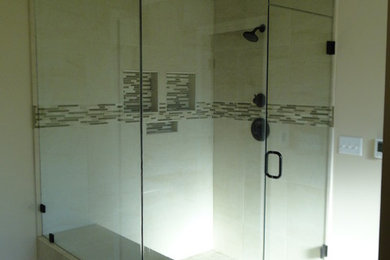 Heavy Glass Steam Shower with operable transom, notched with return panel