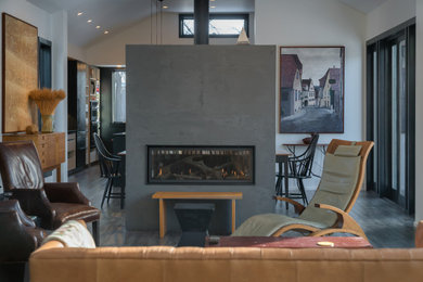 Inspiration for a mid-sized contemporary loft-style family room in Minneapolis with a library, grey walls, medium hardwood floors, a two-sided fireplace, a plaster fireplace surround, no tv and grey floor.