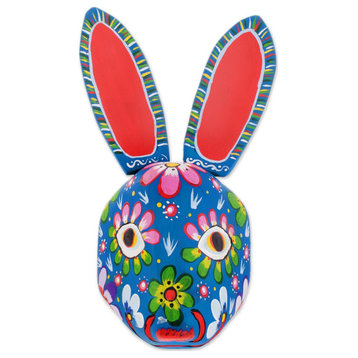 NOVICA Floral Rabbit In Blue And Wood Mask