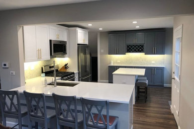 Example of a minimalist single-wall vinyl floor and beige floor eat-in kitchen design in Chicago with a single-bowl sink, shaker cabinets, gray cabinets, quartz countertops, stainless steel appliances, an island and white countertops