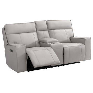 Logan Leather Power Reclining Console Loveseat With Power Headrest, Light Gray
