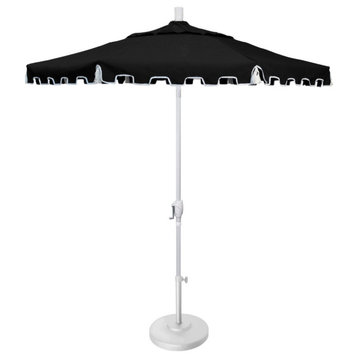 9' Matte White Greek Key Patio Umbrella, Push Button Tilt and Tassels, Black