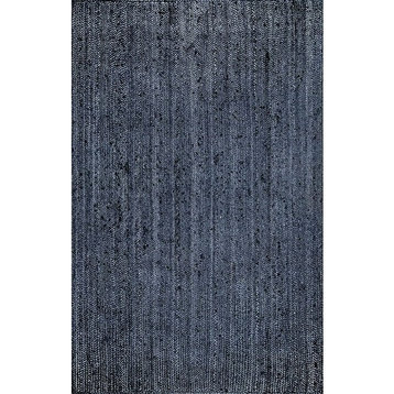 Farmhouse Area Rug, Hand Woven Braided Pure Jute In Navy Blue Finish, 6' X 9'
