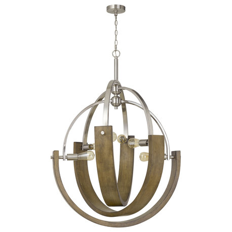 Rauma 6 Light Chandelier in Wood/Brushed Steel