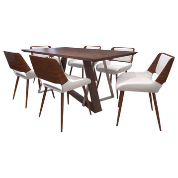 7-Piece Dining Set, Walnut Table With White Chair