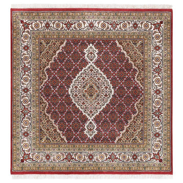 Hand Knotted Red Tabriz Mahi Fish Medallion Design Wool And Silk Rug, 5'0"x5'0"