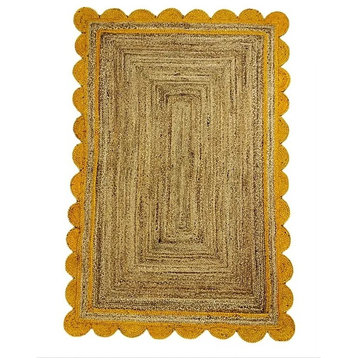 Farmhouse Area Rug, Braided Natural Jute & Yellow Scalloped Accents, 9' Square