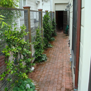 Geometrischer, Kleiner, Halbschattiger Stilmix Gemüsegarten im Sommer, hinter dem Haus mit Pflasterklinker in San Francisco