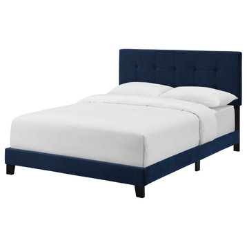 Contemporary Modern Twin Size Bed Frame, Velvet, Navy Blue, Box Spring Required